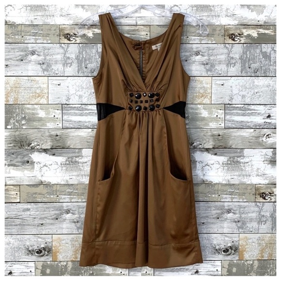 #152 BCBGeneration Jeweled Embellished Mesh Bronze Chocolate Satin Dress BCBG 2 - Picture 4 of 9